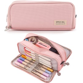 MAMUNU Large Capacity Pencil Case, 3 Compartments Canvas Pencil Pouch with Zipper, Aesthetic Pencil Bag Pen Pouch for School Office Students Teen Girls Boys, Pink