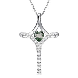 HPQQ Moss Agate Cross Necklace for Women Sterling Silver Faith Cross Pendant Necklace Moss Agate Cross Christian Jewelry Anniversary Birthstone Christmas Gifts for Women Her
