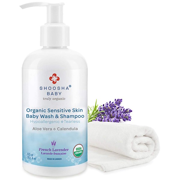 SHOOSHA Organic Sensitive Skin Baby Wash and Shampoo, 8.5oz Baby Shampoo and Body Wash, Hypoallergenic Baby Body Wash, Tear Free Shampoo Safe for Kids and Pets, Baby Shampoo Organic Body Wash