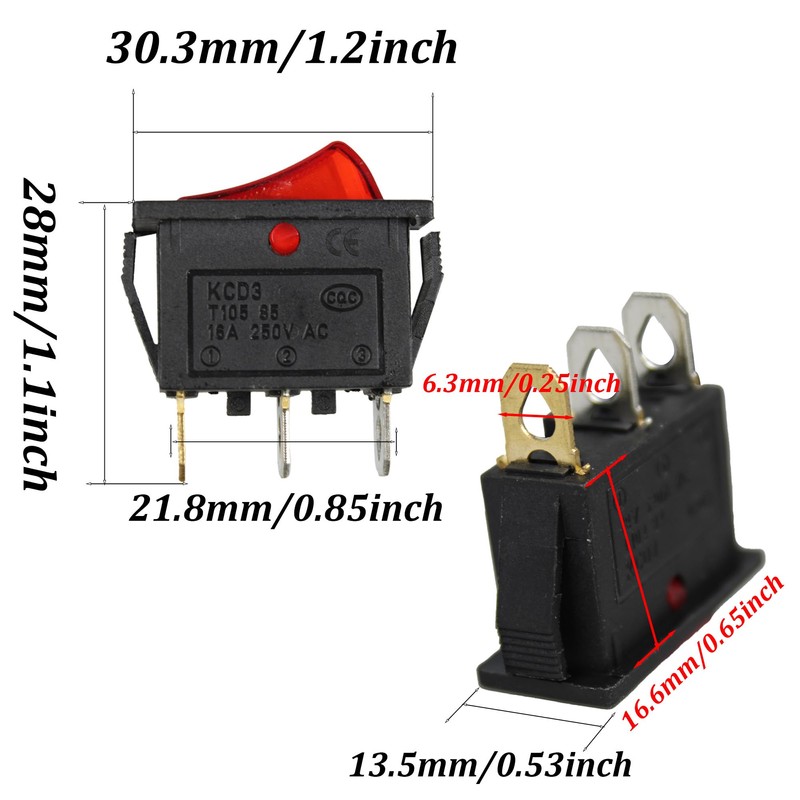 AUXBC 6Pcs Red Light Illuminated Rocker Switch, SPST On-Off Toggle