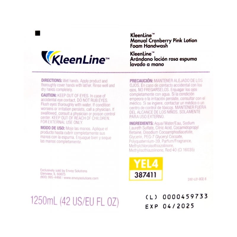 KleenLine Manual Pink Cranberry Foam Handwash, 5161-04-BCE00YL, 1250 ml Refills