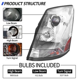 LEAVAN Headlight Assembly Compatible with 2004-2018 Volvo VNL VNM 2004-2015 Volvo VN Halogen, Headlamps Head Light Lamp W/Bulbs Housing Pair (Chrome/Right Side)