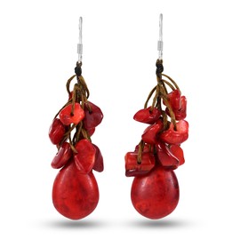 Reconstructed Red Coral Cotton Wax Rope 925 Sterling Silver Hook Dangle Earrings