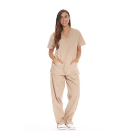 Just Love Women's Scrub Sets Six Pocket Medical Scrubs (V-Neck With Cargo Pant), Khaki, Large
