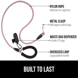 GORILLA GRIP Dog Leash, Heavy Duty Reflective Rope Leashes for Large, Medium, Small Breed Dogs, Puppy Training Essential for Walks, Hikes, Soft Handle, Rotating Metal Clip, Waste Bag Dispenser, Pink