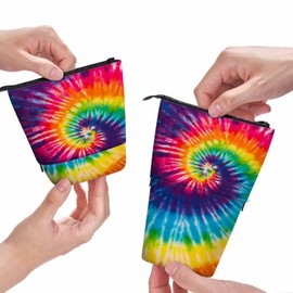 Swono Tie Dye Pencil Holder Abstract Swirl Spiral Stand Up Stationery Bag Pencil Case Organizer Cosmetics Pouch For Women Men Colorful