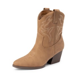 DREAM PAIRS Women's Cowboy Cowgirl Boots Embroidered Stitched Short Western Boots Low Chunky Heel Pointed Toe Ankle Booties,Size 8,Tan,DWUMAB2504