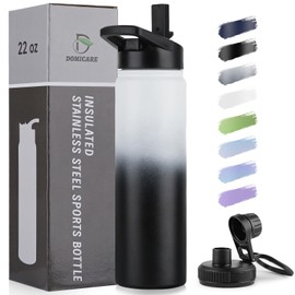 DOMICARE Insulated Water Bottle, 22 oz Vacuum Insulated Stainless Steel Reusable Sports Bottle with Straw Lid & Spout Lid for Travel, Camping, Bike, Leakproof, Black/White, 1 Pack