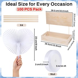 Aodaer Heart Shaped White Paper Wedding Fans with Wooden Storage Box 100 Folding Handheld Fans Satin Ribbon for Wedding Party Favors Bridal Shower DIY Crafts Event Decorations