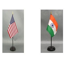 India Desk Flag Set American Made Rayon 4x6 inch Office Desk and Little Hand Waving Table Flags Includes an American and Country Flag with 2 Stands (India)