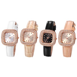 JewelryWe Watches Women's Leather Rectangular Elegant Glitter Rhinestone Analogue Quartz Wrist Watch Women Casual Watch with Rectangular Roman Numerals Dial and Leather Strap, Swivels - 4 pieces,