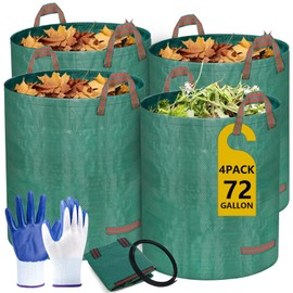 Doubleggs Reusable Yard Waste Bags, 72 Gallon Lawn and Leaf Bags 4 Pack with Reinforced Handles and Gardening Gloves, Heavy Duty Standable Garden Waste Bags for Leaves, Grass, Camping, Recycling
