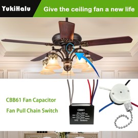 YukiHalu Ceiling Fan Pull Chain Switch 3 Speed 4 Pre-Installed Wires, Ceiling Fan Capacitor CBB61 4.5uf + 6uf + 5uf 5 Wire 250V, Light Switch for Fan and Light (Nickel, 4.5+6+5uF)