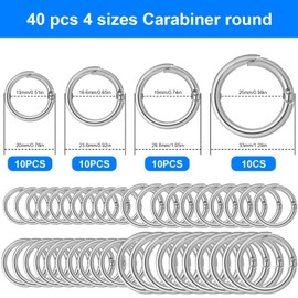 HavaCue Pack of 40 Round Carabiners, 4 Sizes, O-Ring Carabiner, 20/24/27/33 mm Carabiner Hook, Round Silver Round Carabiner, Metal Carabiner Ring for Bags, Purses, DIY Crafts