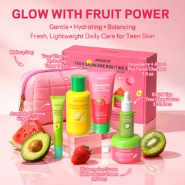 Skincare Set for Teen, 5-Step Daily Routine Skin Care for Kids Girls & Boys , Facial Cleanser, Hydrating Toner, Glow Serum, Eye Cream & Water-Burst Cream for Oily, Dry & Uneven-Looking Teen Skin