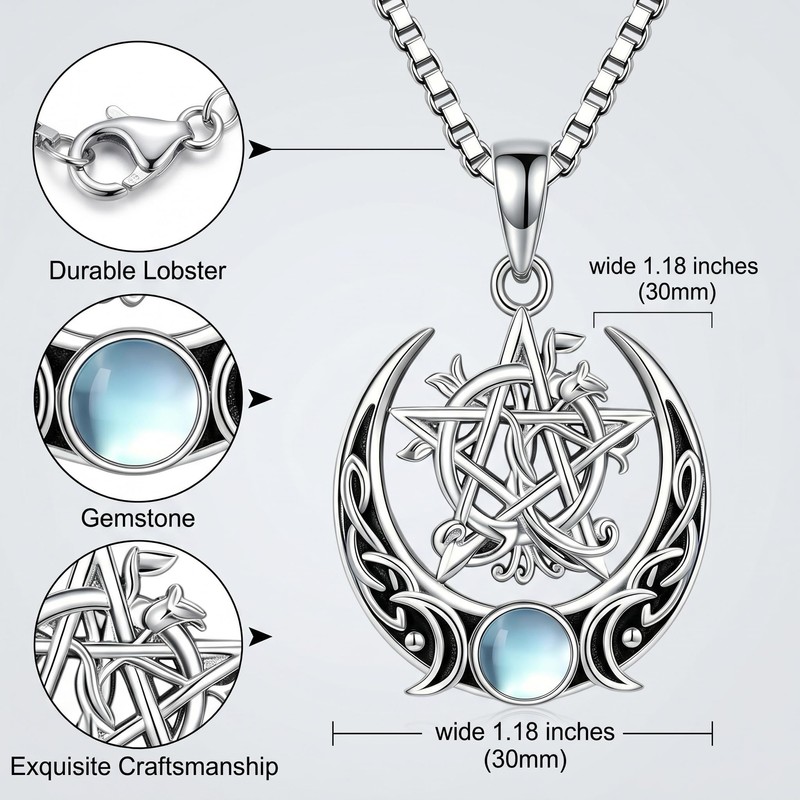 CRMAD Triple Moon Pentacle Necklace Moonstone Wiccan Celtic Knot Pentagram