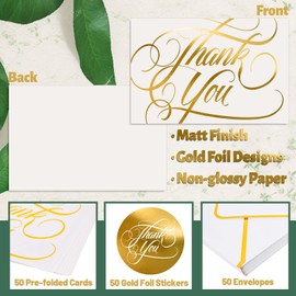 Whaline 50 Packs Gold Foil Thank You Cards Minimalist Thank You Greeting Cards 4 x 6 Inch Blank Note Cards with Envelopes and Stickers for Wedding Birthday Baby Shower Party Supplies