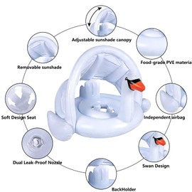 NMM Swan Baby Floats with Canopy, Swan Pool Float with Back Holder & Wings Airbag, Inflatable Swimming Ring for 6-36 Months Toddler,Water Party Supplies & Decor for Summer - White
