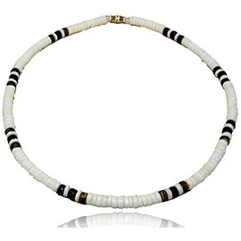 Native Treasure 20" Mens and Womens Summer Beach Surfer Necklace From the Philippines, White Clam Heishe Ark Shells with Brown and Black Coconut Beads