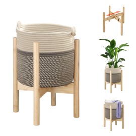 ZYWEICH Flower Pot Rattan Plant Stand Planter with Stand, Tall Indoor Boho Woven Wicker Storage Basket with Adjustable Wood Shelf (White & Grey)