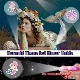 72 PCS Mermaid Party Favors – 48 PCS Tattoos & 24 PCS LED Finger Lights Combo – Birthday Goodie Bag Fillers, Party Supplies, Gifts Light Up Toys Glow In The Dark for Boys and Girls