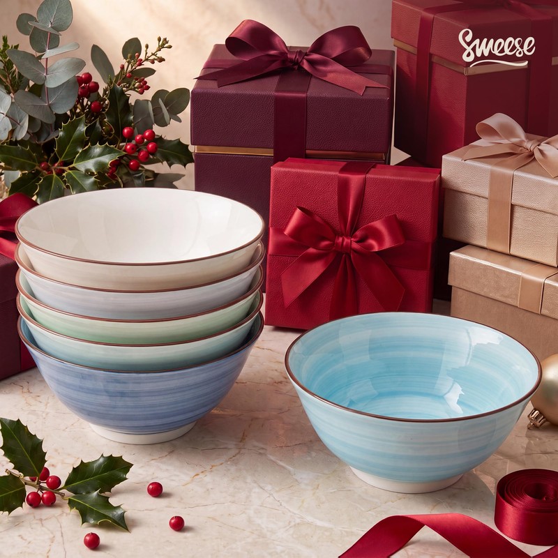 18 oz Ceramic Soup Bowls Set of 6, Blue Pasta