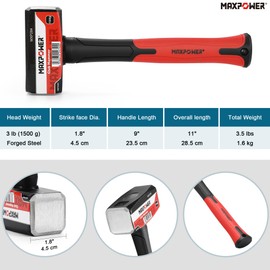 MAXPOWER 3lb Club Hammer, Small Sledge Hammer with 9 inch Fiberglass Handle, Drop Forged Steel Head