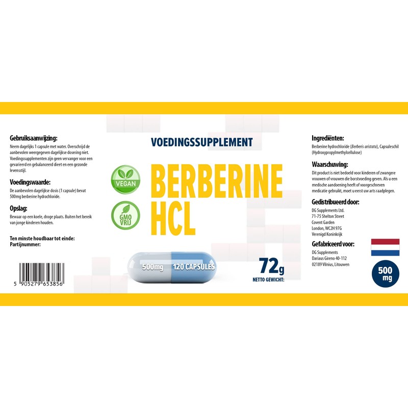 Berberine HCL 500 mg 120 Vegan Capsules, Laboratory Tested, High
