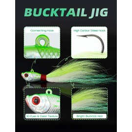 BLUEWING Bucktail Jig 2pcs Lead Head Jig Saltwater Fluke Lure Hair Jig for Bluefish, Bass Fishing, Size 0.5oz, Green