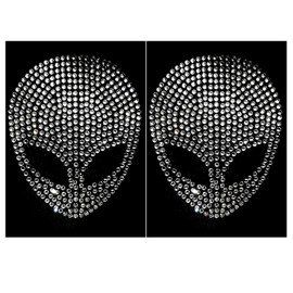 2 pcs Bling Alien Silver Rhinestone Iron On 3" Height Xenomorph Hotfix Transfer DIY Decal Emblem Patch Applique