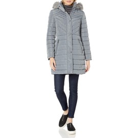 Kenneth Cole New York Women's Quilted Puffer Jacket with Faux Fur Trimmed Hood, Nickel, Small