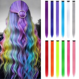 12 Pack Colored Hair Extensions Rainbow Hairpieces Party Highlights 22 Inches Colorful Clip in Hair Extensions Straight Synthetic Hairpieces for Women Kids Girls, (12 Colored)