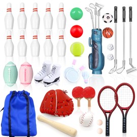 Pamonrueer 38 Pcs Miniature Sports Set Mini Golf Baseball Tennis Bowling Tiny Golf Ball Clubs Ball Bats RacketPong Table Tennis Mini House Decoration Accessories