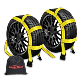 Autofonder 2Pc Tow Dolly Basket Straps with Flat Hook for 14"-17" Tires -10,000 lbs Breaking Strength Tire Bonnet&Tire Net -2” Over Wheel Car Basket Tie Down Straps with Carrying Bag