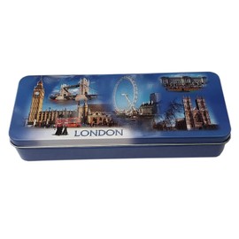 Blue Sky London Photo Collage Metal Pencil Case - Big Ben - Tower Bridge - Buckingham Palace - Westminster Abbey - Eye - Royal Guard - Red Double Decker Bus - British UK Souvenir for School or Office
