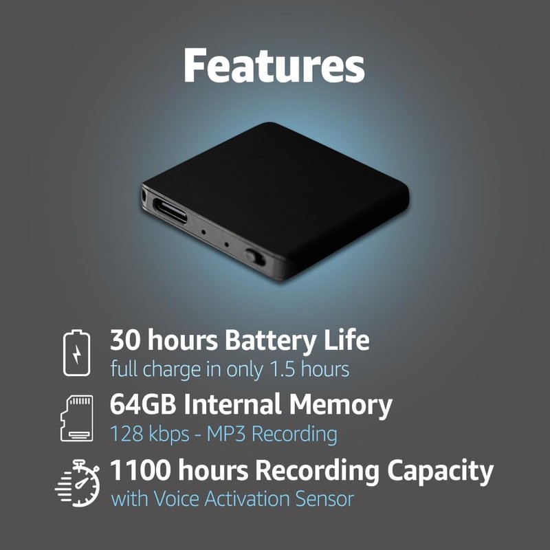 Voice Activated Recorder with Playback – 64GB Storage, 1100 Hours