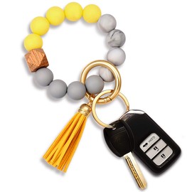 NVENF Silicone Key Ring Bracelet Beaded Wrislet Keychain Portable House Car Keys Ring Holder Cream Yellow