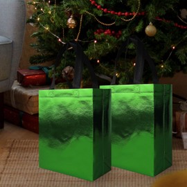 cabzymx 18 Pcs Glossy Small Gift Bags, Green Non-woven Holiday Gift Bags, 8 x 3.9 x 9.8 In Reusable Goodie Bag Bulk with Sturdy Base for Birthday, Wedding, Easter, Party