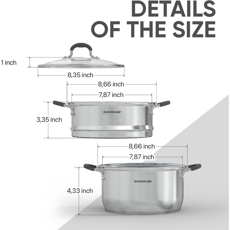 SUNHOUSE - 3.1 Quart Steamer Pots with Lid 2-Tier Multipurpose