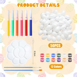Gerrii 50 Pcs White Foam Easter Egg Ornament Bulk Paintable Decorations with 6 Markers, 12 Paints, 2 Brushes, 1 Palette Hanging Easter Egg with String for DIY Craft Basket Fillers Party Favors