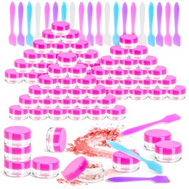 MotBach 70 Pcs 5g Empty Plastic Containers with Pink Lids,Mini Makeup Sample Containers, Small Sample Pot Jars Round Cosmetic Jars with 20Pcs Mini Spatulas for Liquid Sample Powder Creams Lotions