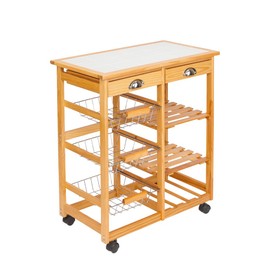 Brian Constance Rolling Kitchen Dining Island Cart Trolley Wood Storage Rack 2-Drawer & 3-Baskets & 2-Open Shelves & Wine Rack with Wheels (Wood Color)