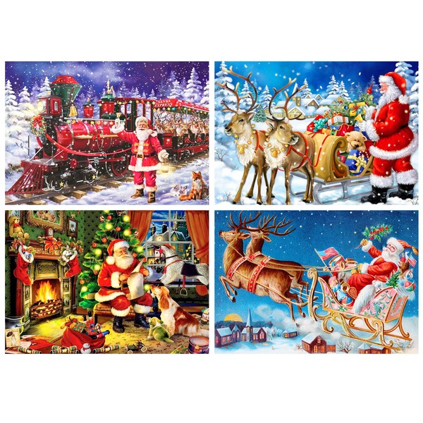Whaline 4Pcs Christmas Diamond Painting Kit 5D Round Rhinestone Full Drill Xmas Tree Deer Carriage Snow Cross Stitch Painting for Christmas Home Decor,12in x 16 in