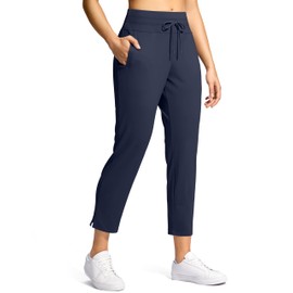 YYV Women's Pants with 3 Pockets High Waisted Golf Athletic Pants 7/8 Stretch Ankle Pants for Women Workout Travel Casual(Navy Medium)