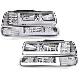 PIT66 LED DRL Headlight Assembly, Compatible with 1999-2002 Chevy Silverado / 2000-2006 Tahoe Suburban Headlamp w/Bumper Lights Clear Lens Chrome Housing Clear Reflector