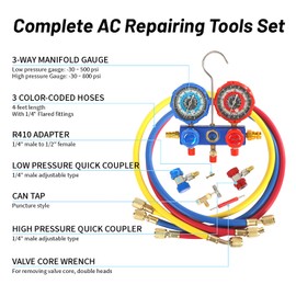PB Motor Tech 3 Way AC Manifold Gauge Set for R134A, R410A, R22, R404A Refrigerants, with Quick Couplers, 410 Adapter, Puncturing Can Tap, Valve Core Tool. Perfect for Air Conditioning Maintenance
