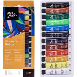 Mont Marte Gouache Set - 12 Pieces, 12ml Tubes - Ideal for Gouache Painting - Brilliant, Lightfast Gouache Colours with Great Coverage
