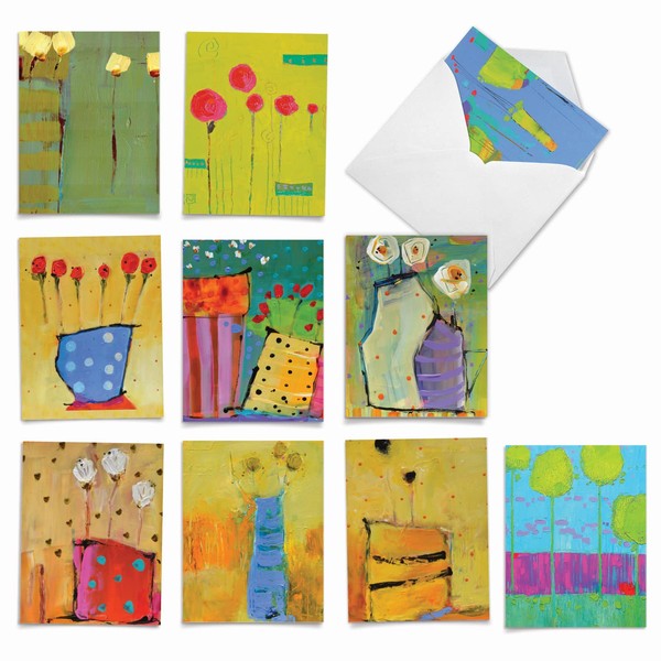 M6544OCB Painted Petals: 10 Assorted Blank All-Occasion Note Cards Featuring Vibrantly Painted Still Life Scenes with Vases and Flowers, w/White Envelopes.