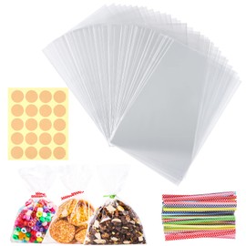 200 Stück Süßigkeiten Tüten, 15x10 cm Cellophantüten Plastiktüten Klein, Zellophanbeutel mit Bindebänder& Aufkleber für Hochzeit Geburtstag Weihnachten Tüten zum Befüllen