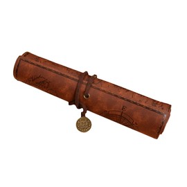 Multi-Purpose Retro Pencil Roll Pencil Case Faux Leather Vintage Artist Pencil Case Pirate Look with Printed Treasure Map, brown, Pencil roll
